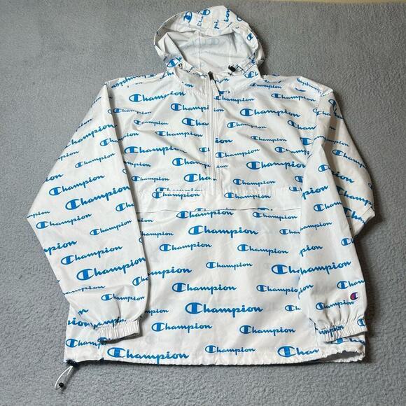 Champion Jacket Mens M White Packable Stadium Script All Over Logo‎ Windbreaker - Picture 1 of 10